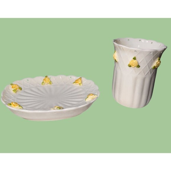Jakson Japan Yellow Eyelet Rose Soap Dish & Tumbler Set Ceramic Floral Design - Picture 5 of 12